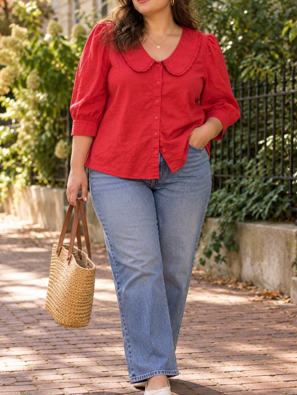 LC Waikiki Red Peter Pan Ruffle Collar Button Front 3/4 Sleeves Blouse Size 42